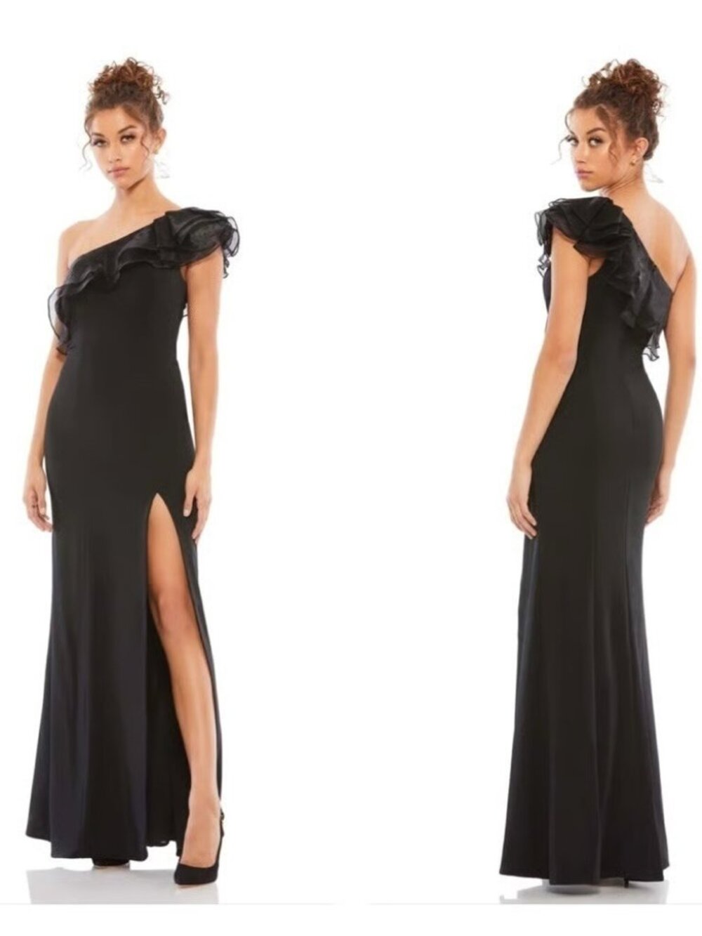 Mac Duggal Size 10 Black 26372 One Shoulder Ruffle Evening Gown Maxi Dress NWT